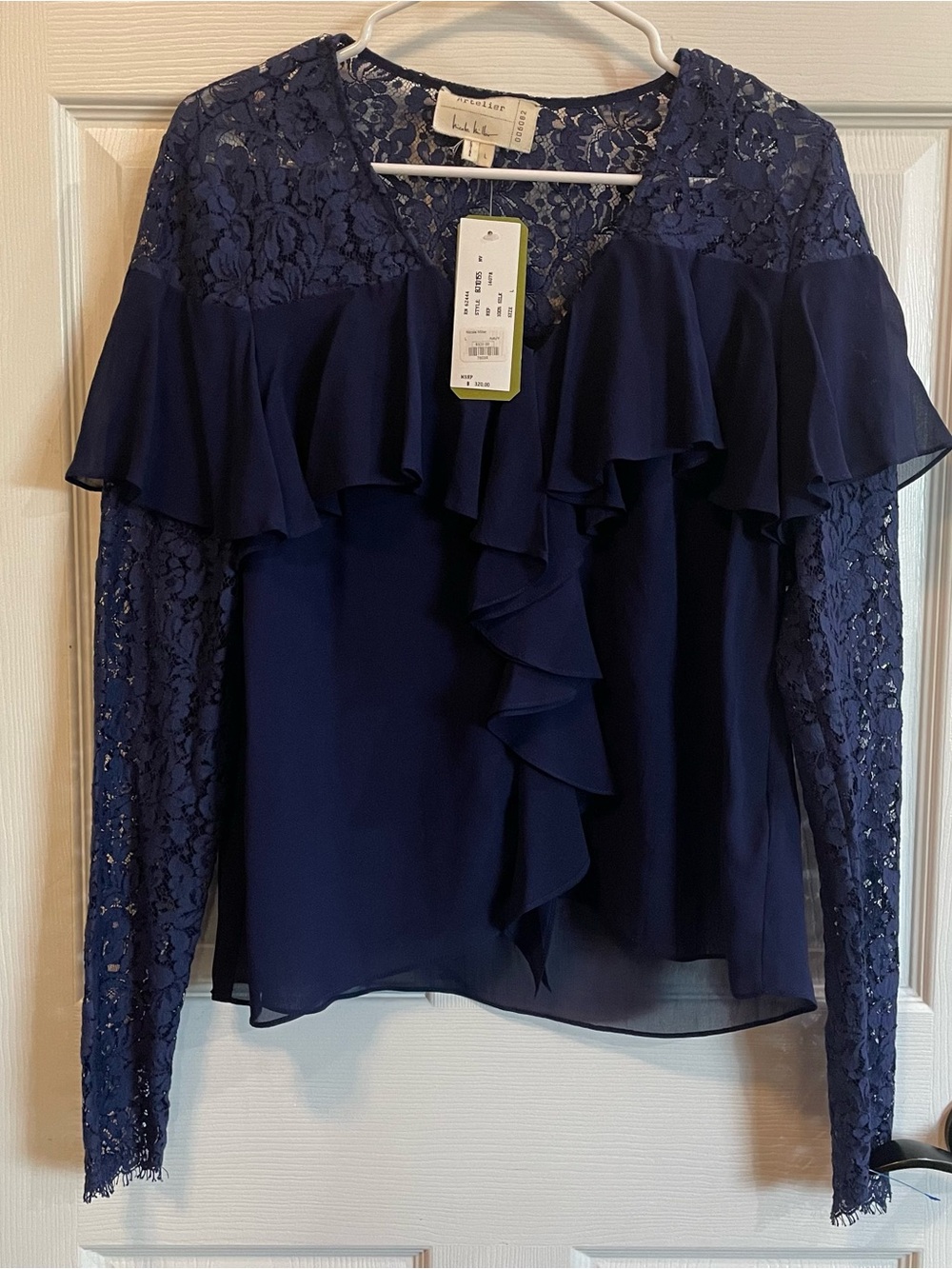 Nicole Miller Artelier 100% Silk Lace Ruffle Blouse Top Navy Blue NWT Size L